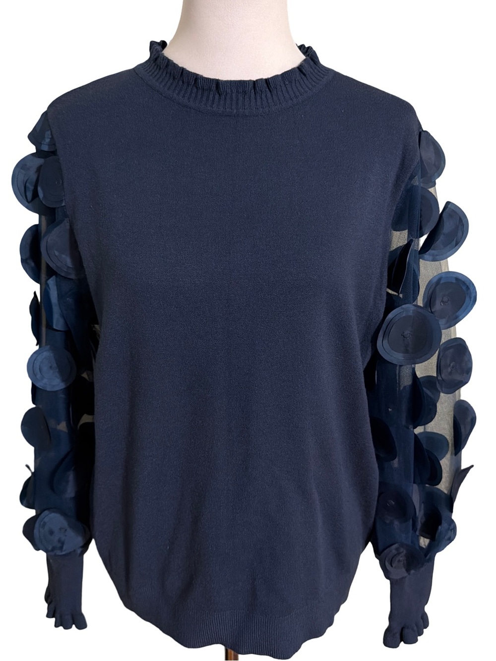 Sioni Navy Crewneck Sweater with Sheer Circle-Sleeve Detail